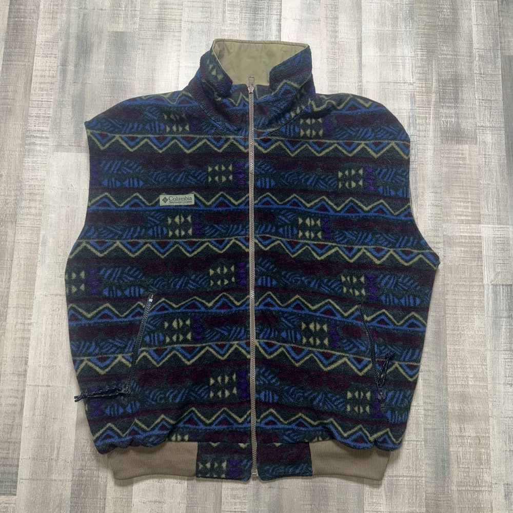 Vintage Columbia Fleece Lined Reversible Retro Aztec Pattern Vest Size X-Large